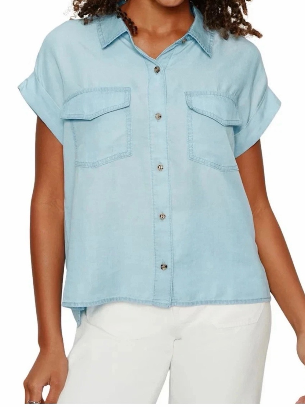 New Sanctuary Women's Light Blue Short Sleeve Button-Front Lyocell Shirt Size XL